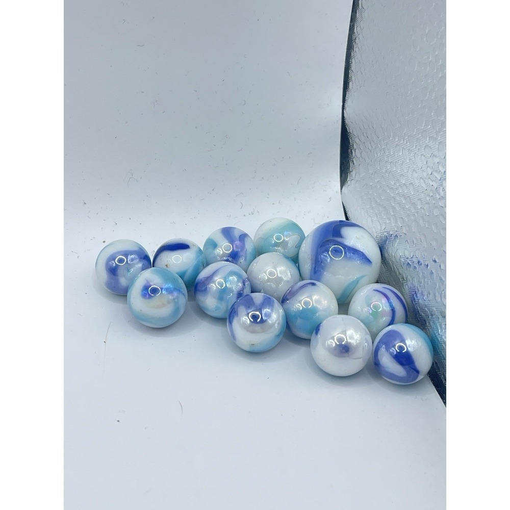 Lot of 13 Vintage Akro Agate Blue & White Slag Marbles c.1915–1935 Early America